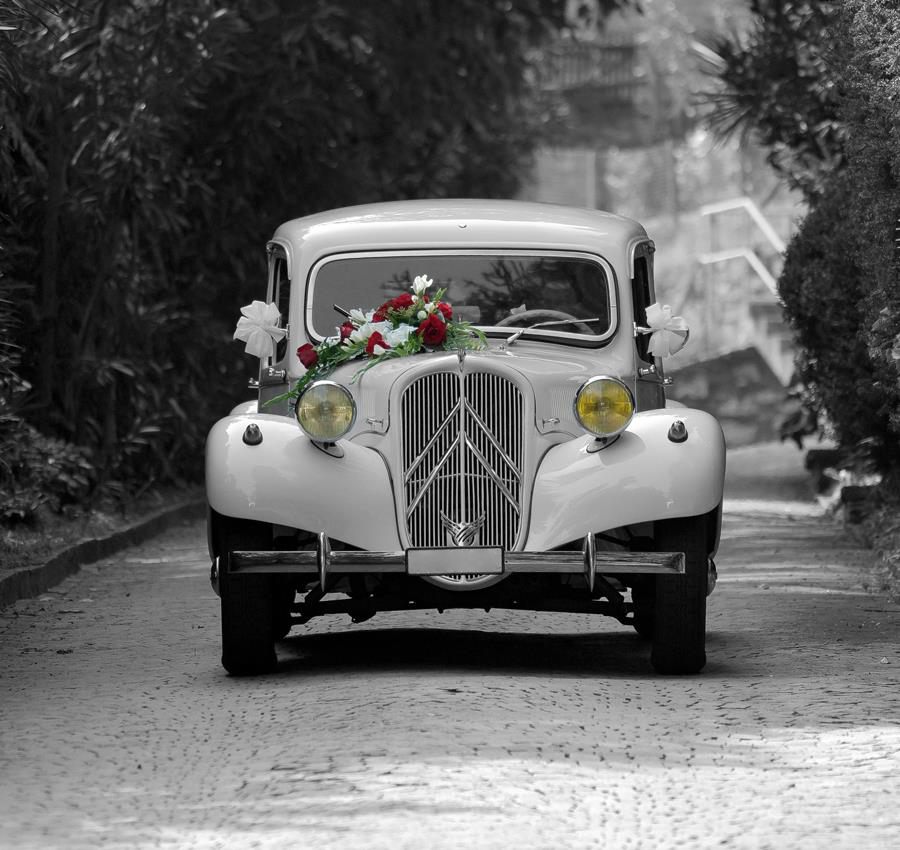 La Traction Avant addobbata con rose rosse e nastri bianchi