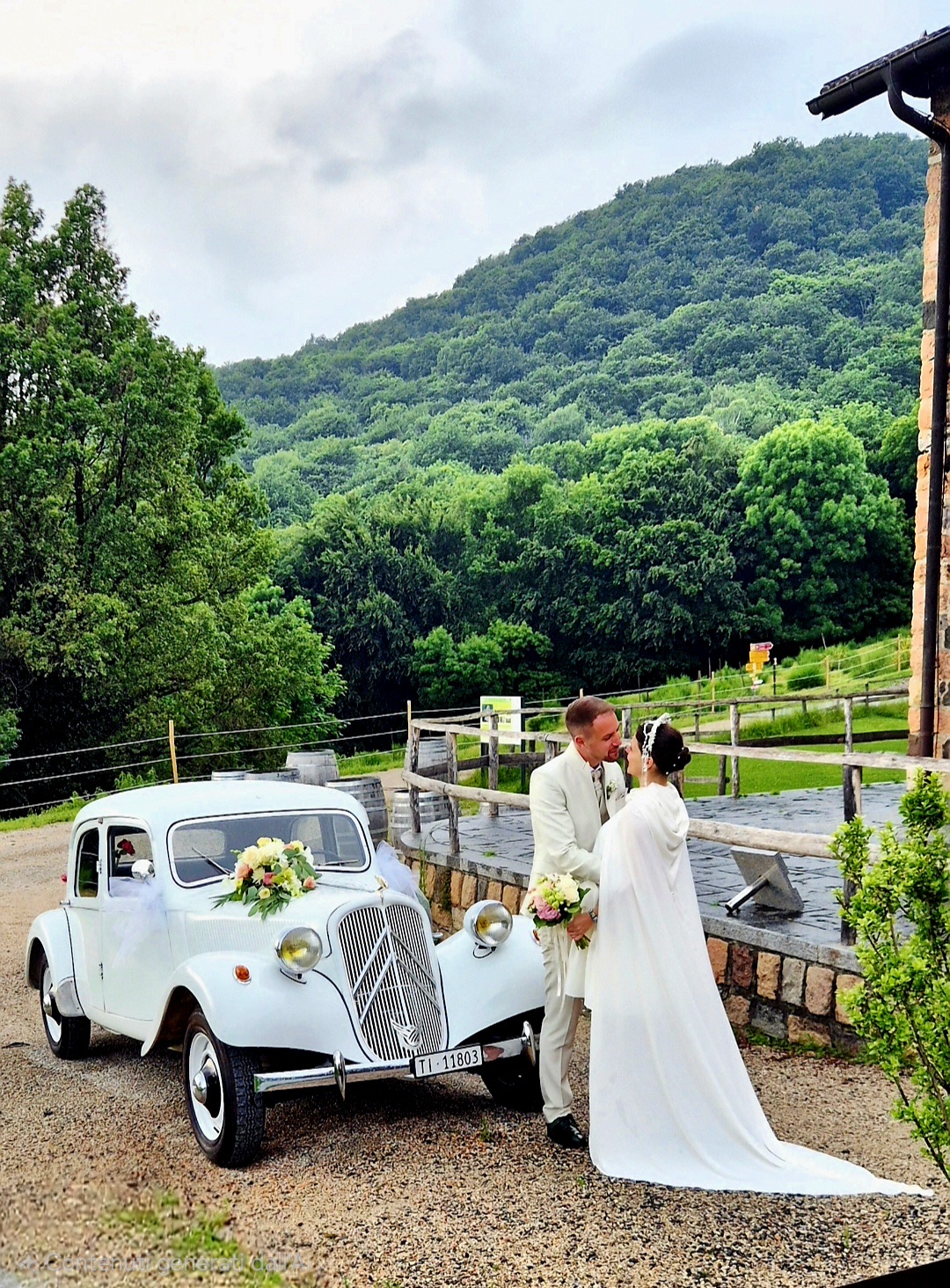 Gli sposi accanto alla vettura, la collina boscosa alle spalle